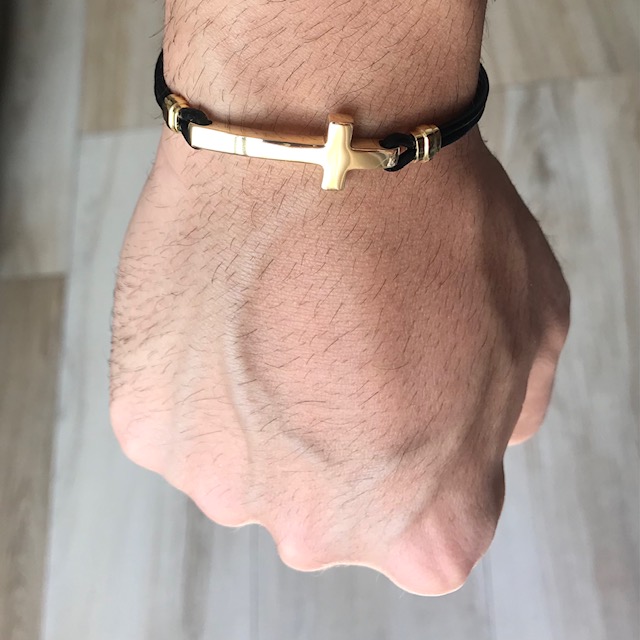 pulseira masculina guerreiro jóias couro cruz ouro 18k 17